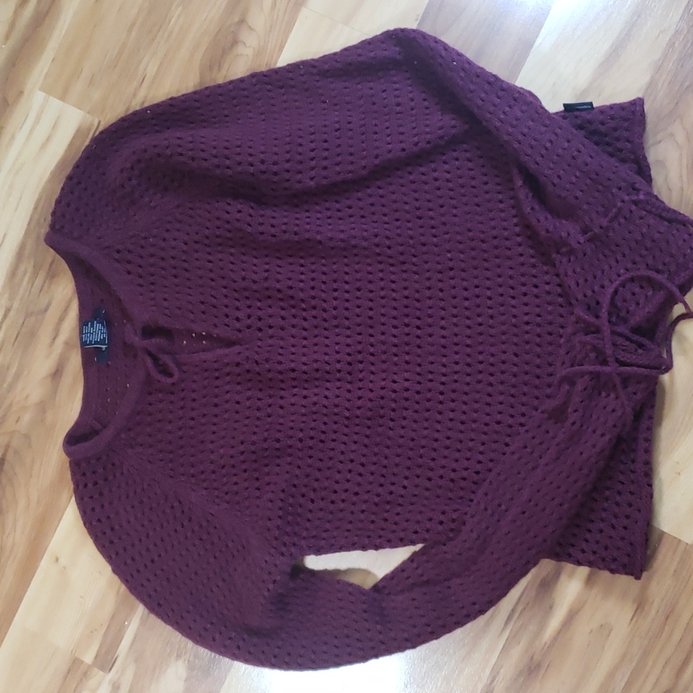 Abercrombie deep cranberry wine open weave knit sweater split neck Size Large